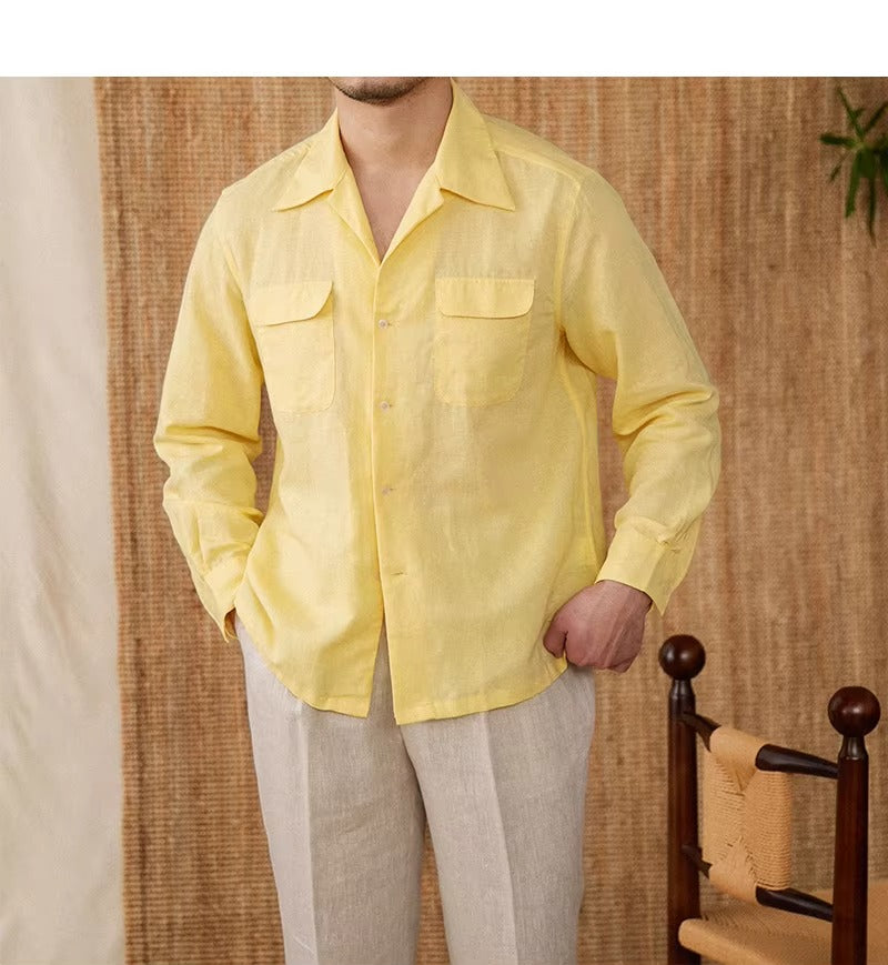 Lightweight men's shirt made of linen with Cuban collar and long sleeves – Mateo-Brown-S-Nora Luxe