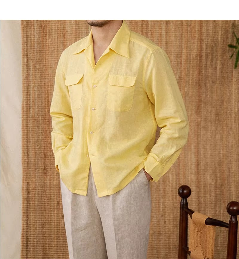 Lightweight men's shirt made of linen with Cuban collar and long sleeves – Mateo-Brown-S-Nora Luxe
