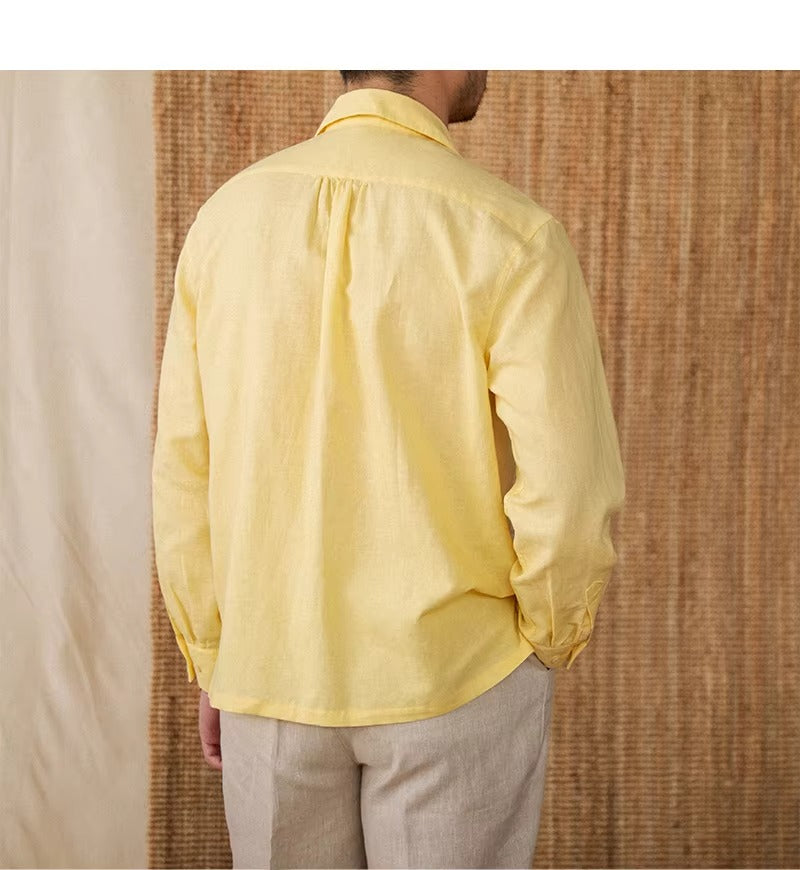 Lightweight men's shirt made of linen with Cuban collar and long sleeves – Mateo-Brown-S-Nora Luxe