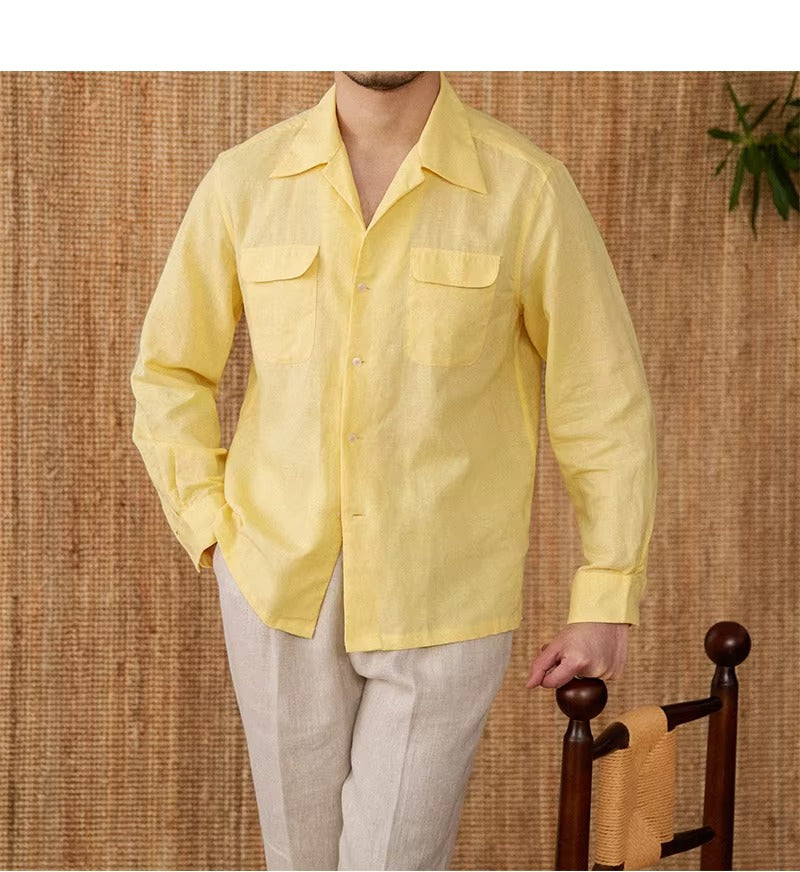 Lightweight men's shirt made of linen with Cuban collar and long sleeves – Mateo-Brown-S-Nora Luxe