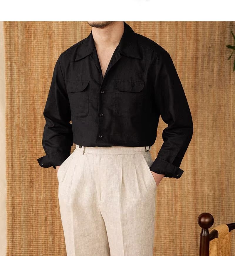 Lightweight men's shirt made of linen with Cuban collar and long sleeves – Mateo-Brown-S-Nora Luxe