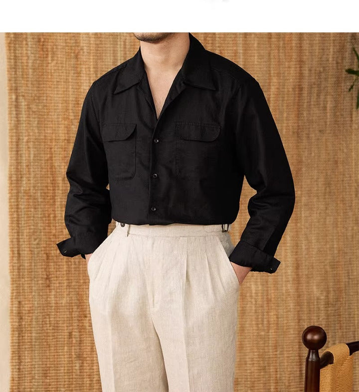 Lightweight men's shirt made of linen with Cuban collar and long sleeves – Mateo-Brown-S-Nora Luxe