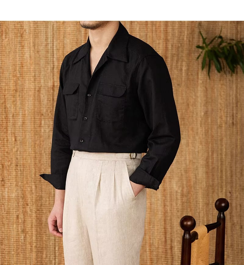 Lightweight men's shirt made of linen with Cuban collar and long sleeves – Mateo-Brown-S-Nora Luxe
