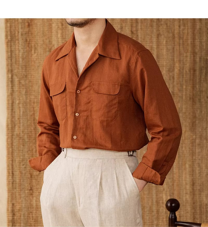 Lightweight men's shirt made of linen with Cuban collar and long sleeves – Mateo-Brown-S-Nora Luxe
