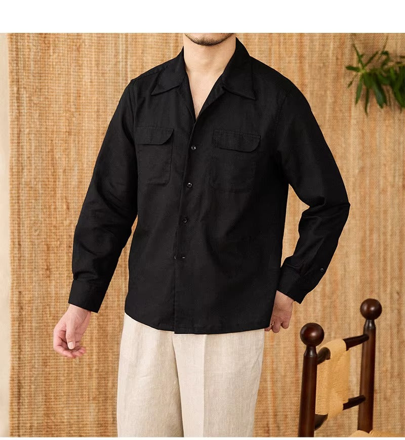 Lightweight men's shirt made of linen with Cuban collar and long sleeves – Mateo-Brown-S-Nora Luxe