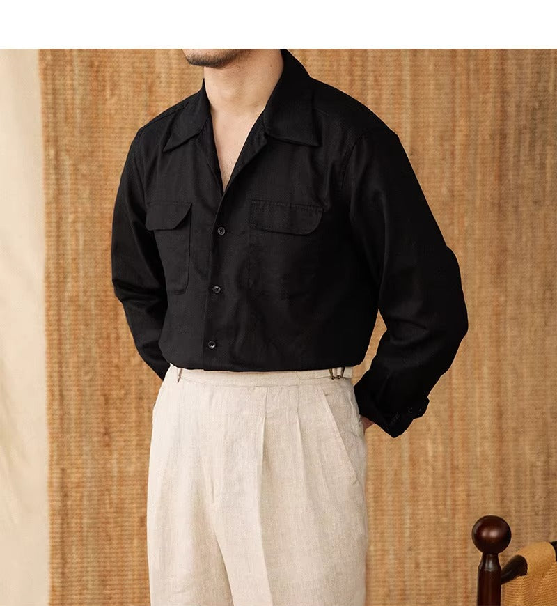 Lightweight men's shirt made of linen with Cuban collar and long sleeves – Mateo-Brown-S-Nora Luxe