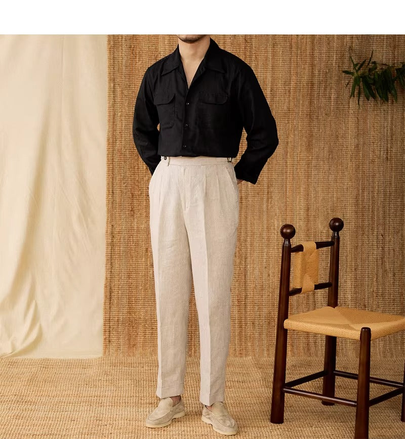 Lightweight men's shirt made of linen with Cuban collar and long sleeves – Mateo-Brown-S-Nora Luxe