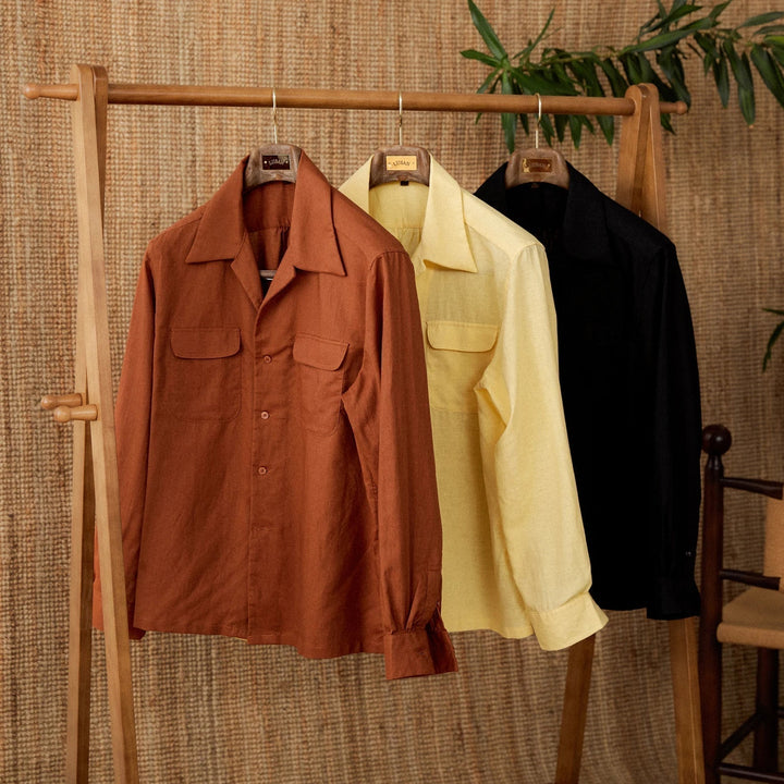 Lightweight men's shirt made of linen with Cuban collar and long sleeves – Mateo-Brown-S-Nora Luxe