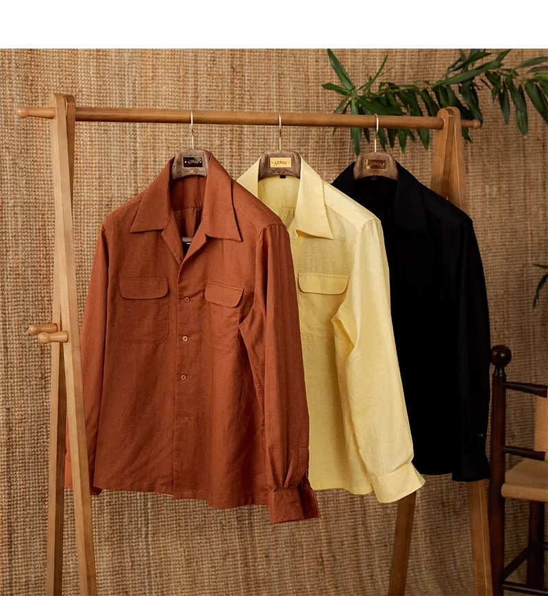 Lightweight men's shirt made of linen with Cuban collar and long sleeves – Mateo-Brown-S-Nora Luxe
