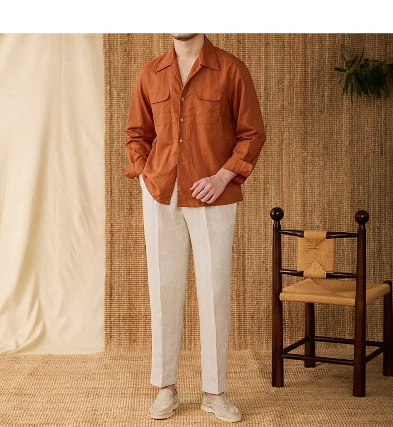 Lightweight men's shirt made of linen with Cuban collar and long sleeves – Mateo-Brown-S-Nora Luxe