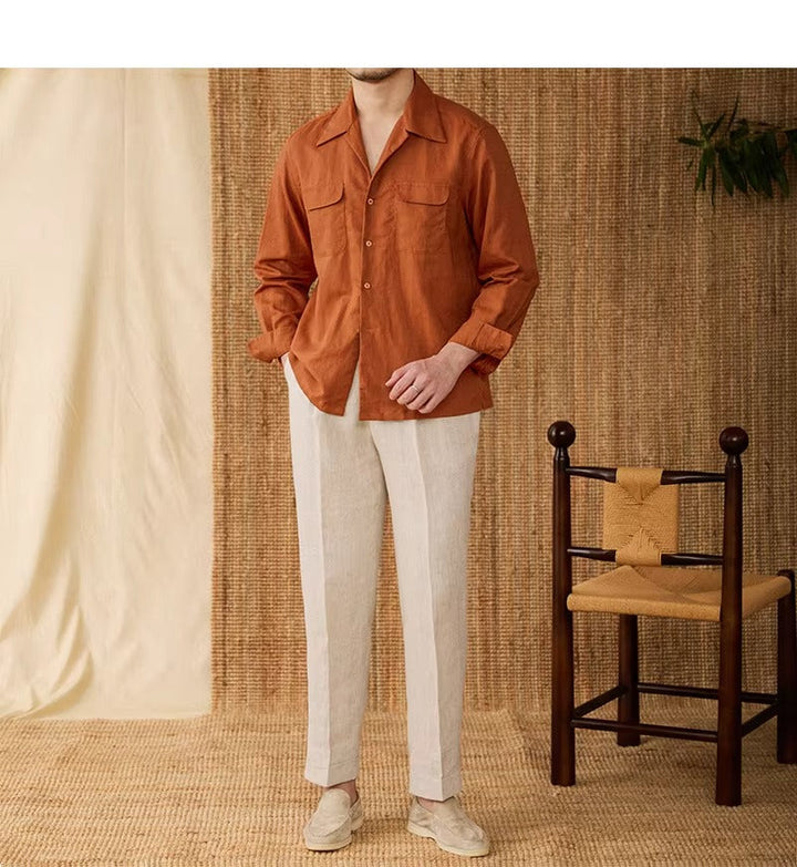 Lightweight men's shirt made of linen with Cuban collar and long sleeves – Mateo-Brown-S-Nora Luxe