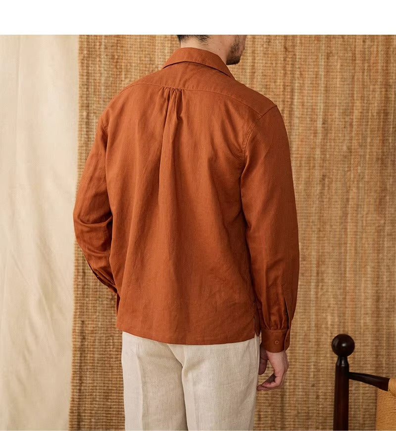 Lightweight men's shirt made of linen with Cuban collar and long sleeves – Mateo-Brown-S-Nora Luxe
