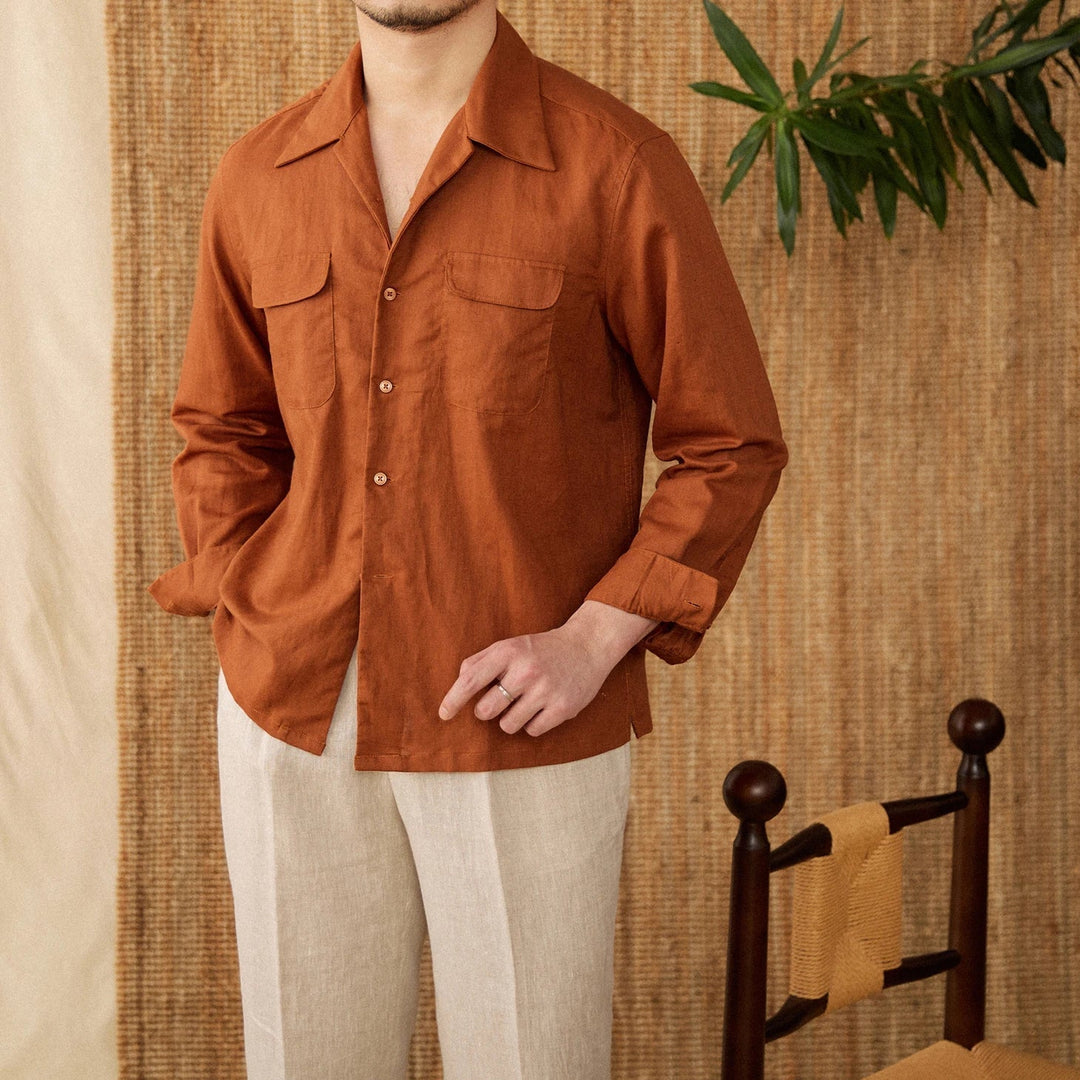 Lightweight men's shirt made of linen with Cuban collar and long sleeves – Mateo-Brown-S-Nora Luxe