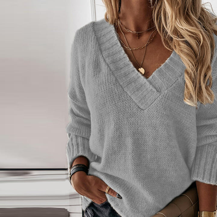 Lightweight V-neck Knitted Sweater - Isabelle-Gray-S-Nora Luxe