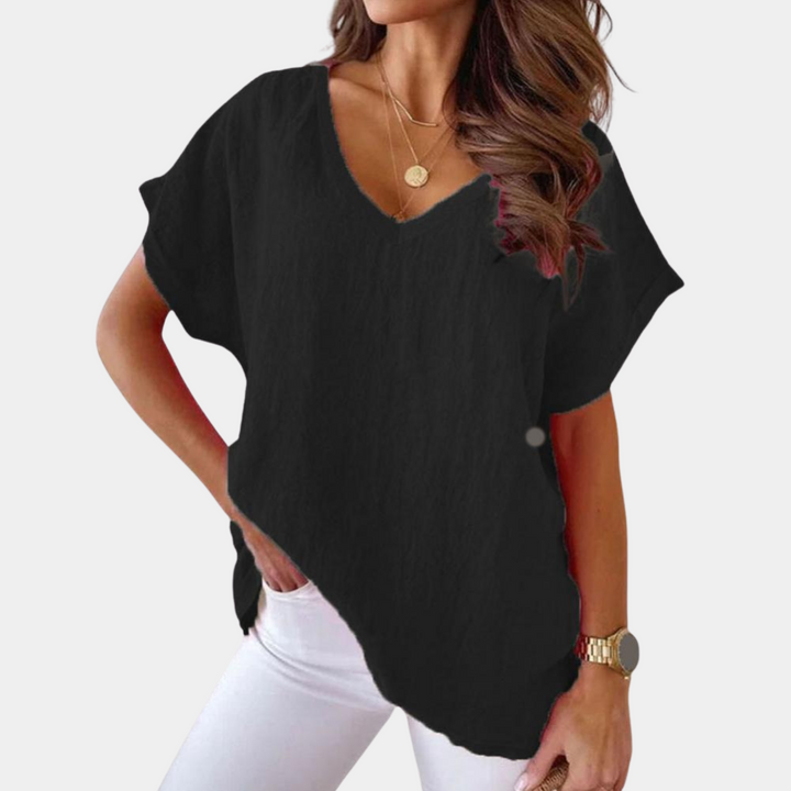 Lightweight V-neck linen blouse with a loose fit – Mailin-Black-S-Nora Luxe