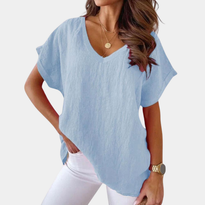Lightweight V-neck linen blouse with a loose fit – Mailin-Blue-S-Nora Luxe