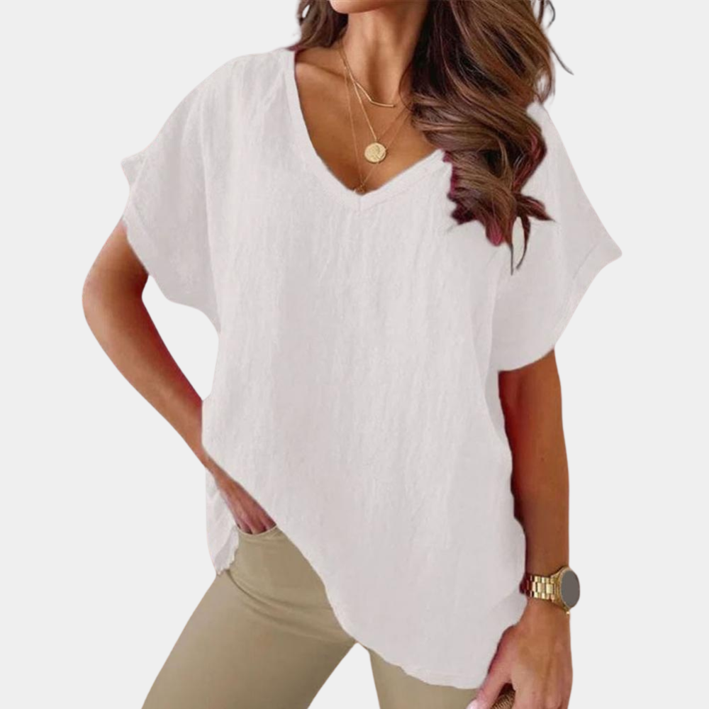 Lightweight V-neck linen blouse with a loose fit – Mailin-White-S-Nora Luxe