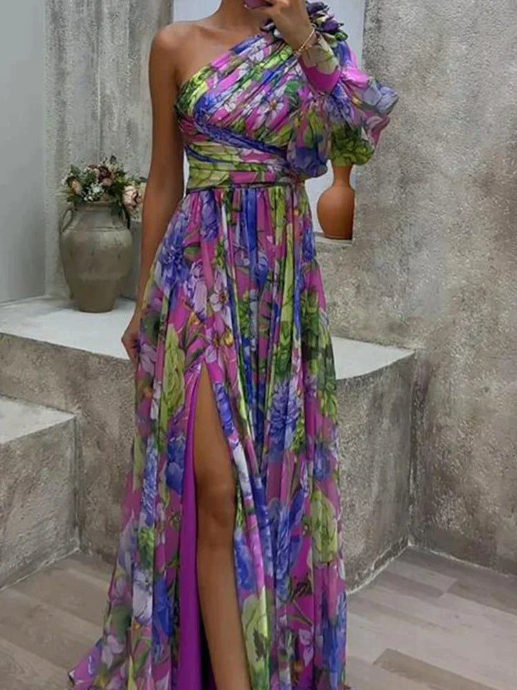 Lila Maxi Dress with Print and Side Split, one Sleeve - Viola-S-Nora Luxe