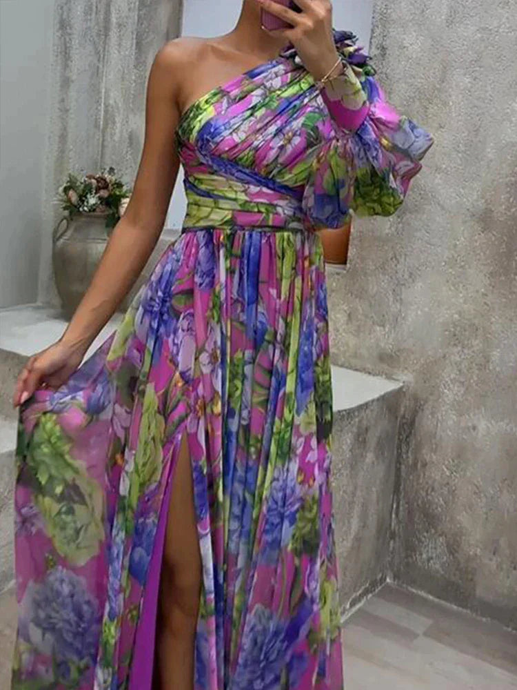 Lila Maxi Dress with Print and Side Split, one Sleeve - Viola-S-Nora Luxe