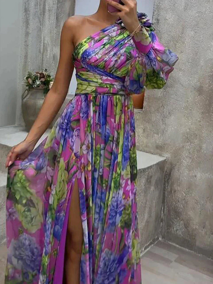 Lila Maxi Dress with Print and Side Split, one Sleeve - Viola-S-Nora Luxe