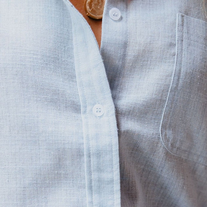 Linen-cotton ladies' shirt with chest pocket & stand-up collar – Malani-Blue-S-Nora Luxe