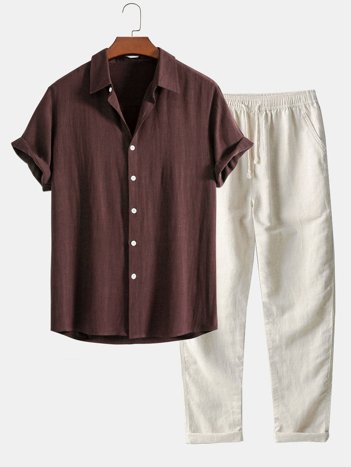 Linen Shirt and Trouser Set - Antonio-Coffee brown-S-Nora Luxe