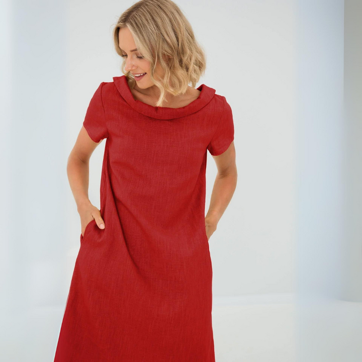 Linen Summer Dress with Midi Length – Fenna-Red-XS-State of Style