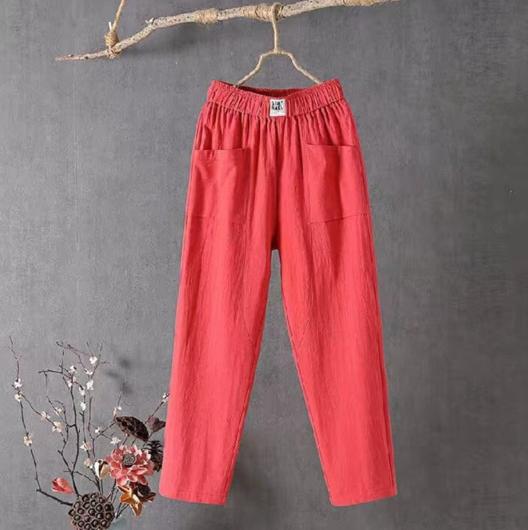 Linen Trousers with Elastic Waist - Livia-Red-S-Nora Luxe