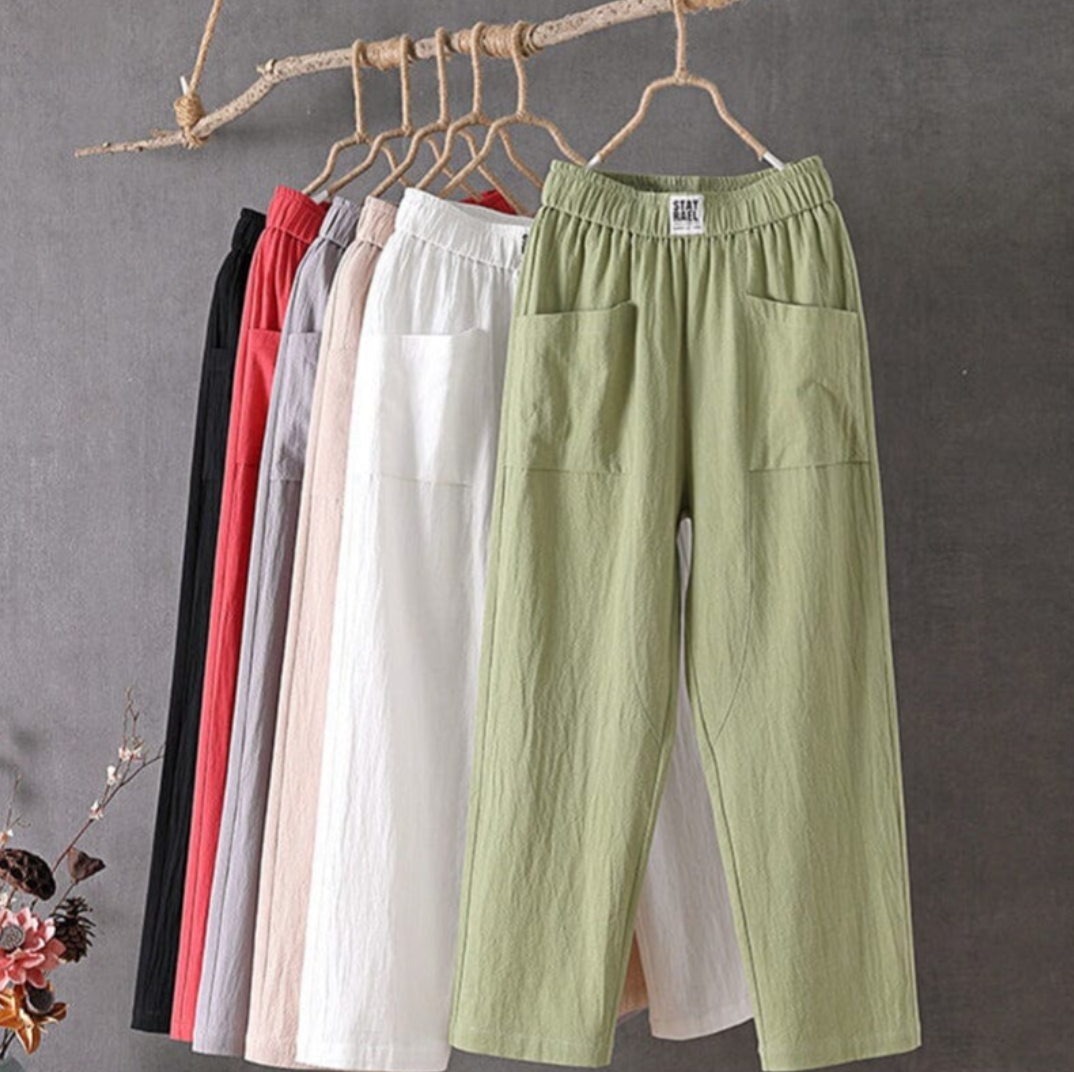 Linen Trousers with Elastic Waist - Livia-White-S-Nora Luxe