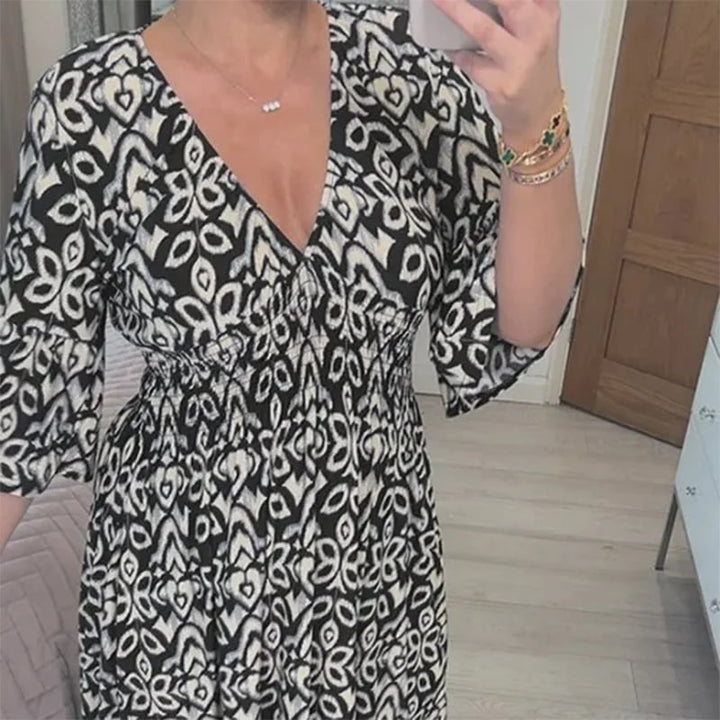 Long Floral Dress with V-neck – Liora-S-Black-Nora Luxe