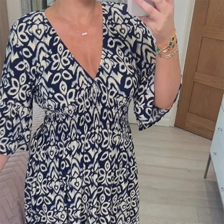 Long Floral Dress with V-neck – Liora-S-Dark blue-Nora Luxe