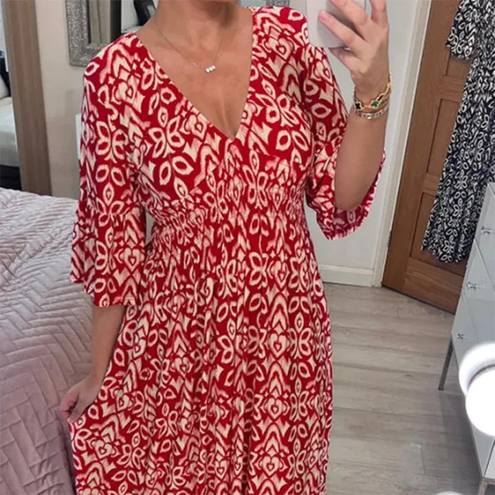 Long Floral Dress with V-neck – Liora-S-Red-Nora Luxe