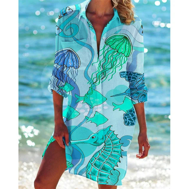 Long Hawaii Blouse with Floral Print – Zoë-Blue-S-State of Style
