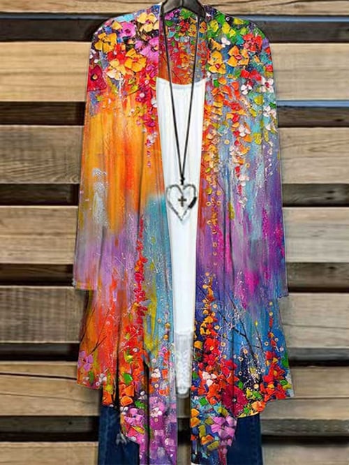 Long Ladies Cardigan with Floral Print – Liva-Orange-S-The Livary