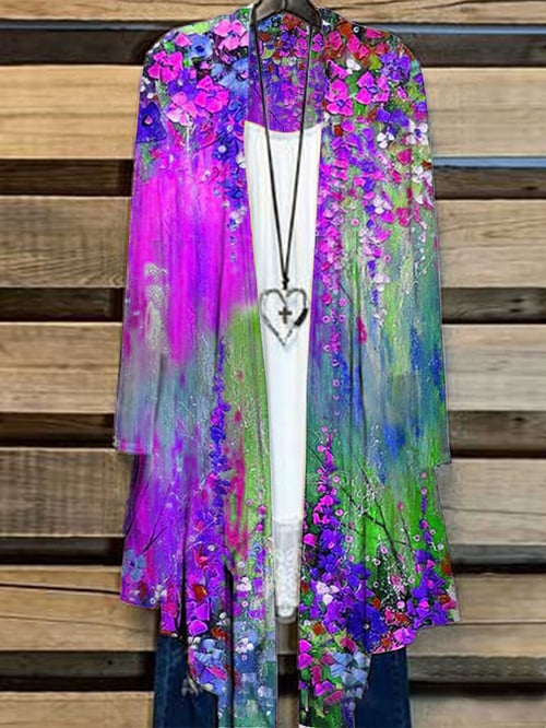 Long Ladies Cardigan with Floral Print – Liva-Purple-S-The Livary