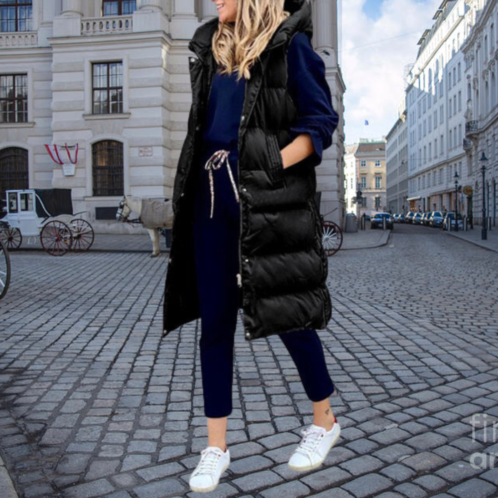 Long Padded Gilet with Hood and Pockets - Taylor-Black-S-Nora Luxe