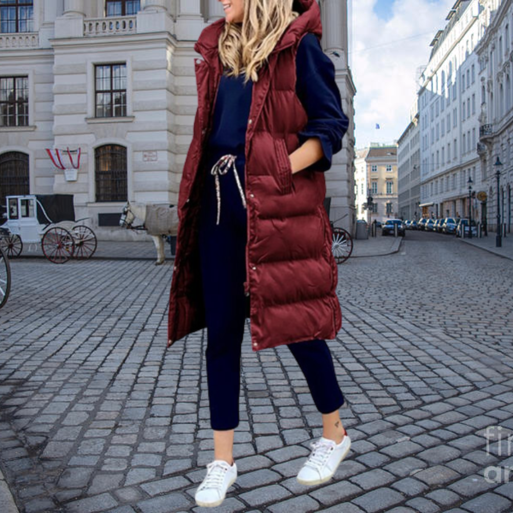 Long Padded Gilet with Hood and Pockets - Taylor-Bordeaux-S-Nora Luxe