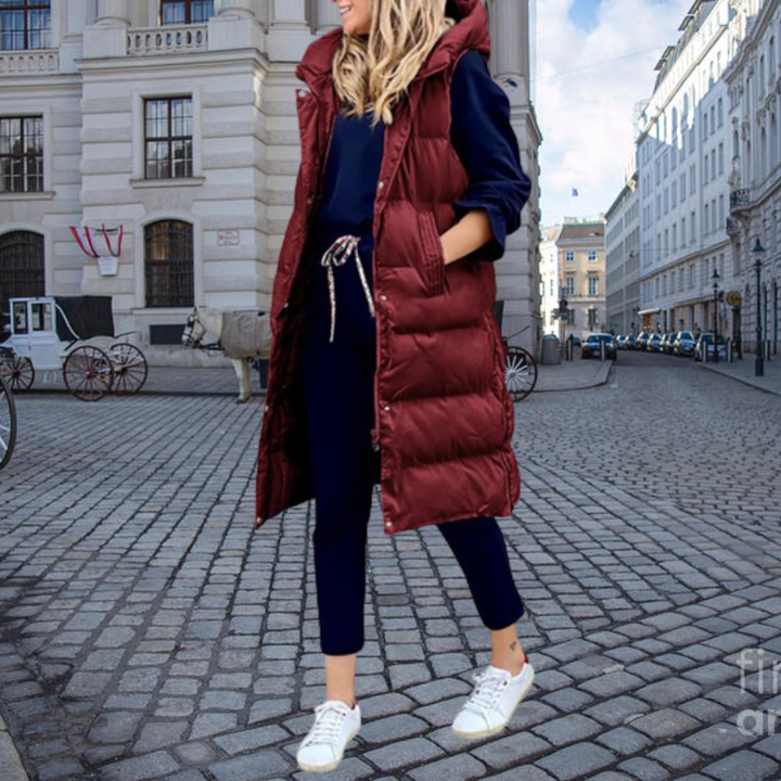 Long Padded Gilet with Hood and Pockets - Taylor-Bordeaux-S-Nora Luxe