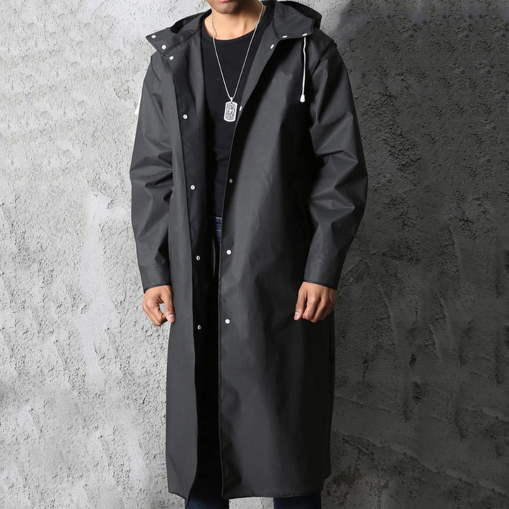 Long Waterproof Men's Rain Jacket with Hood - Titan-Black-L-Nora Luxe