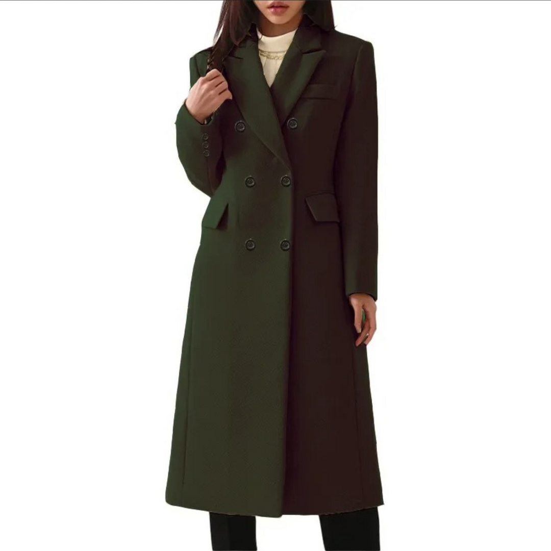 Long Wool Women's Coat with Double Collar - Elise-Dark Green-S-Nora Luxe