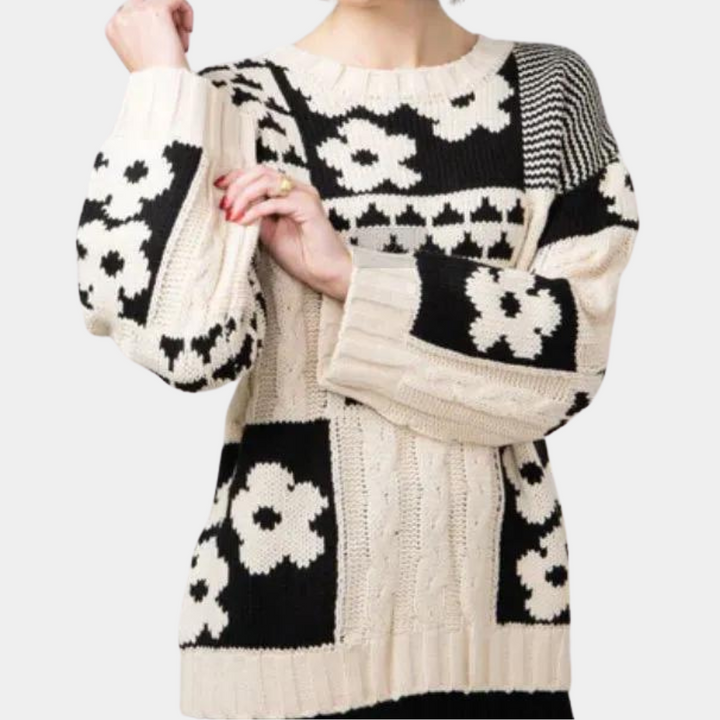 Loose Falling Knitted Ladies Sweater with Floral Print - Lilou-XS-Nora Luxe