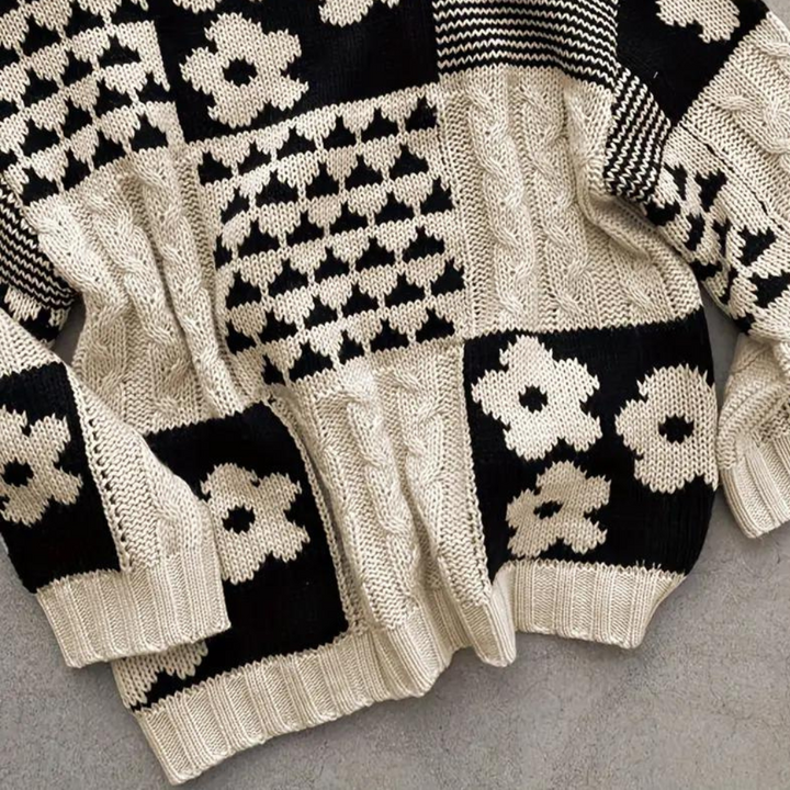 Loose Falling Knitted Ladies Sweater with Floral Print - Lilou-XS-Nora Luxe