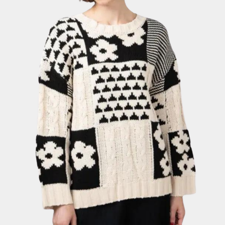Loose Falling Knitted Ladies Sweater with Floral Print - Lilou-XS-Nora Luxe