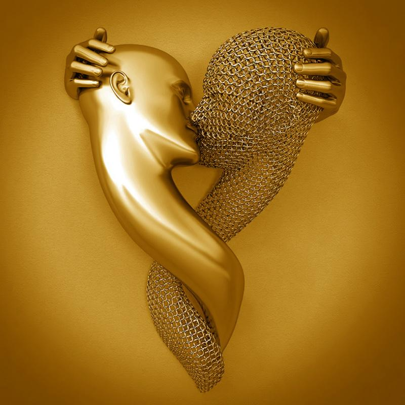 Love Canvas with Metal Figure - AmorArte-Gold (No frame)-Kiss of love-11.81 in x 15.75 in-Nora Luxe