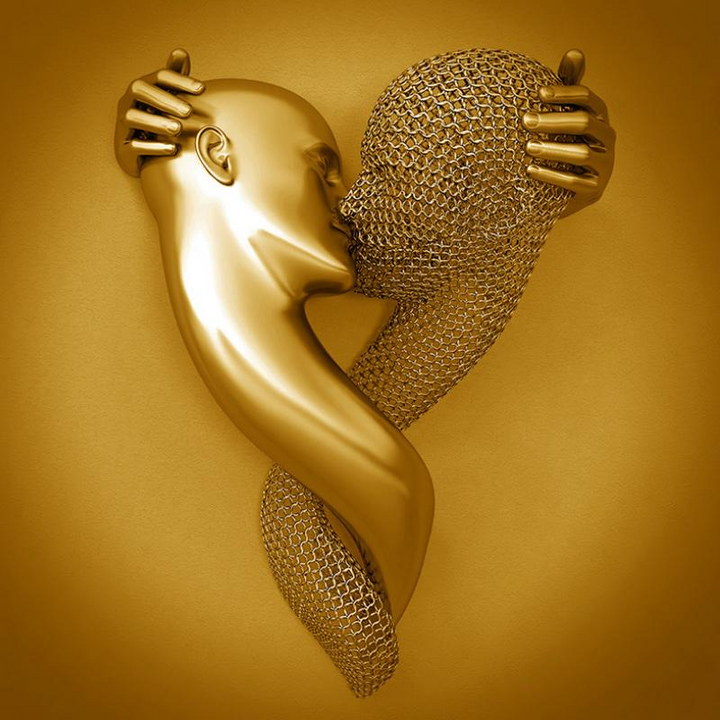 Love Canvas with Metal Figure - AmorArte-Gold (No frame)-Kiss of love-11.81 in x 15.75 in-Nora Luxe