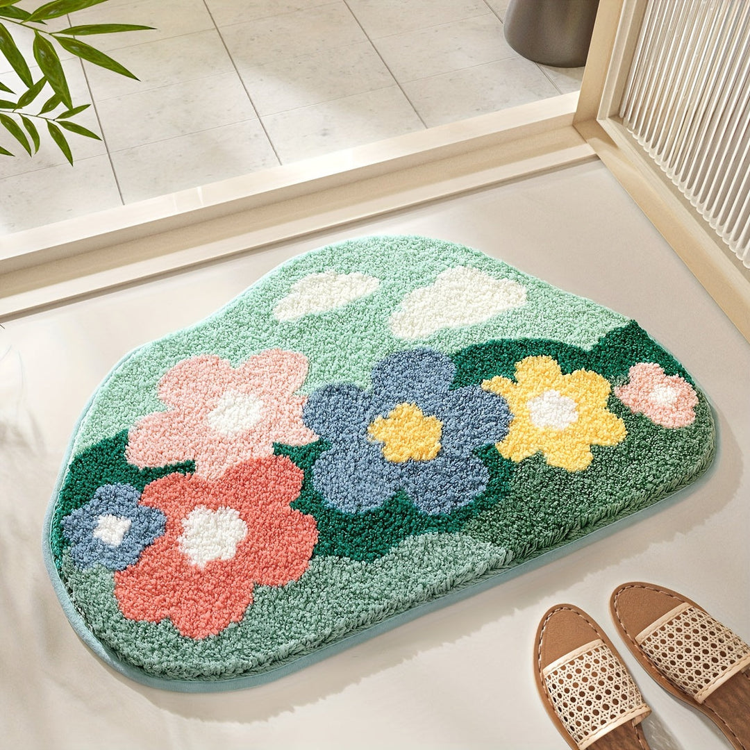 Luxury Bath Mat with Floral Pattern, Extra Soft and Absorbent - Florina-17.72 × 27.56 in-Spring Field Flowers-Nora Luxe
