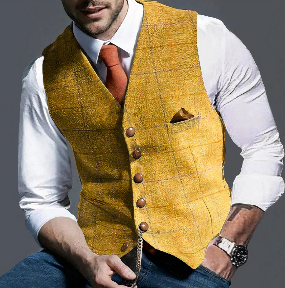 Luxury Checked Men's Gilet - Edward-Yellow-S-Nora Luxe