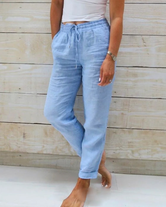 Luxury Cotton Linen Trousers - SereneComfort-Blue-S-Nora Luxe