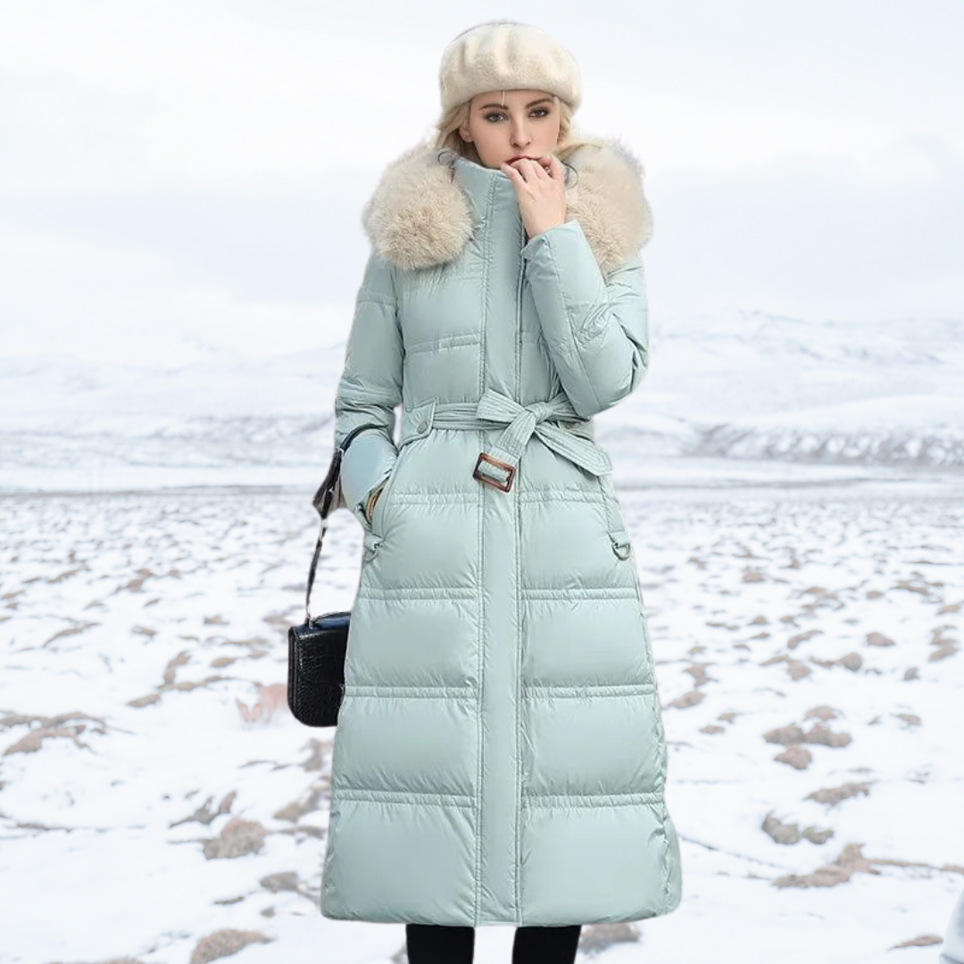 Luxury Faux Fur Winter Coat for Women - Amara-Light blue with beige collar-S-Nora Luxe
