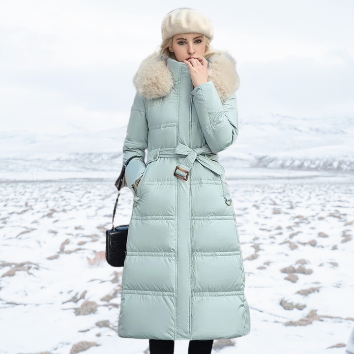 Luxury Faux Fur Winter Coat for Women - Amara-Light blue with beige collar-S-Nora Luxe